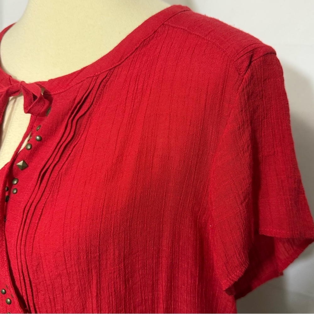 Liz Claiborne Size Large Red Short Sleeve Tie Front Blouse - Picture 10 of 12